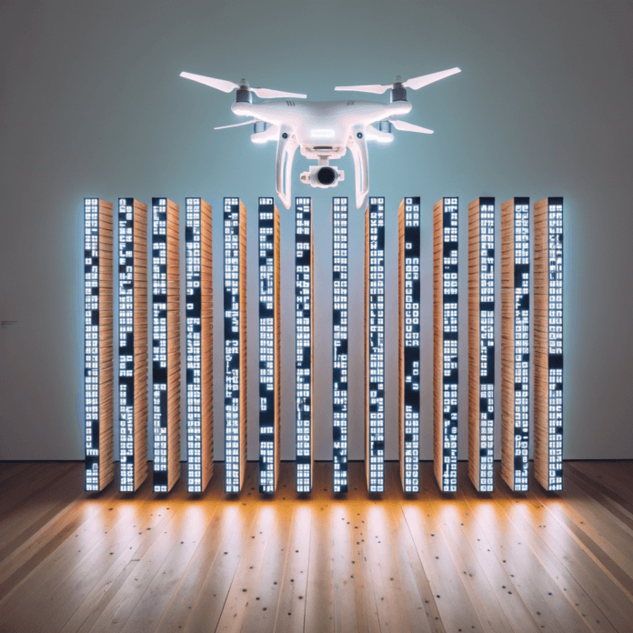 Un androne di un museo, con una installazione formata da barre led in cui scorrono scritte luminose pixellate. le barre sono appoggiate alla aprete come degli shangai Un androne di un museo, con una installazione formata da barre led in cui scorrono scritte luminose pixellate. le barre sono appoggiate alla aprete come degli shangai